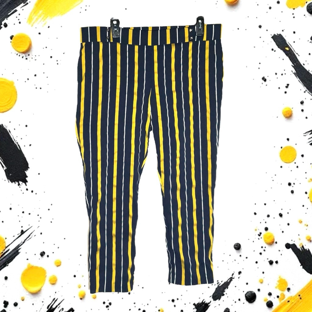 Rafaella Comfort Navy, Gold, White Striped Elastic Band Pants Capris Women 16